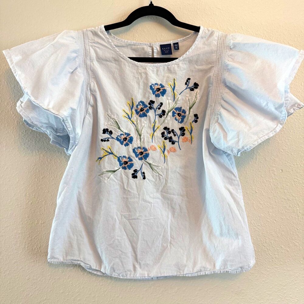 Kaari Blue Womens Petite Medium White Floral Embroidered Ruffle Flutter Blouse